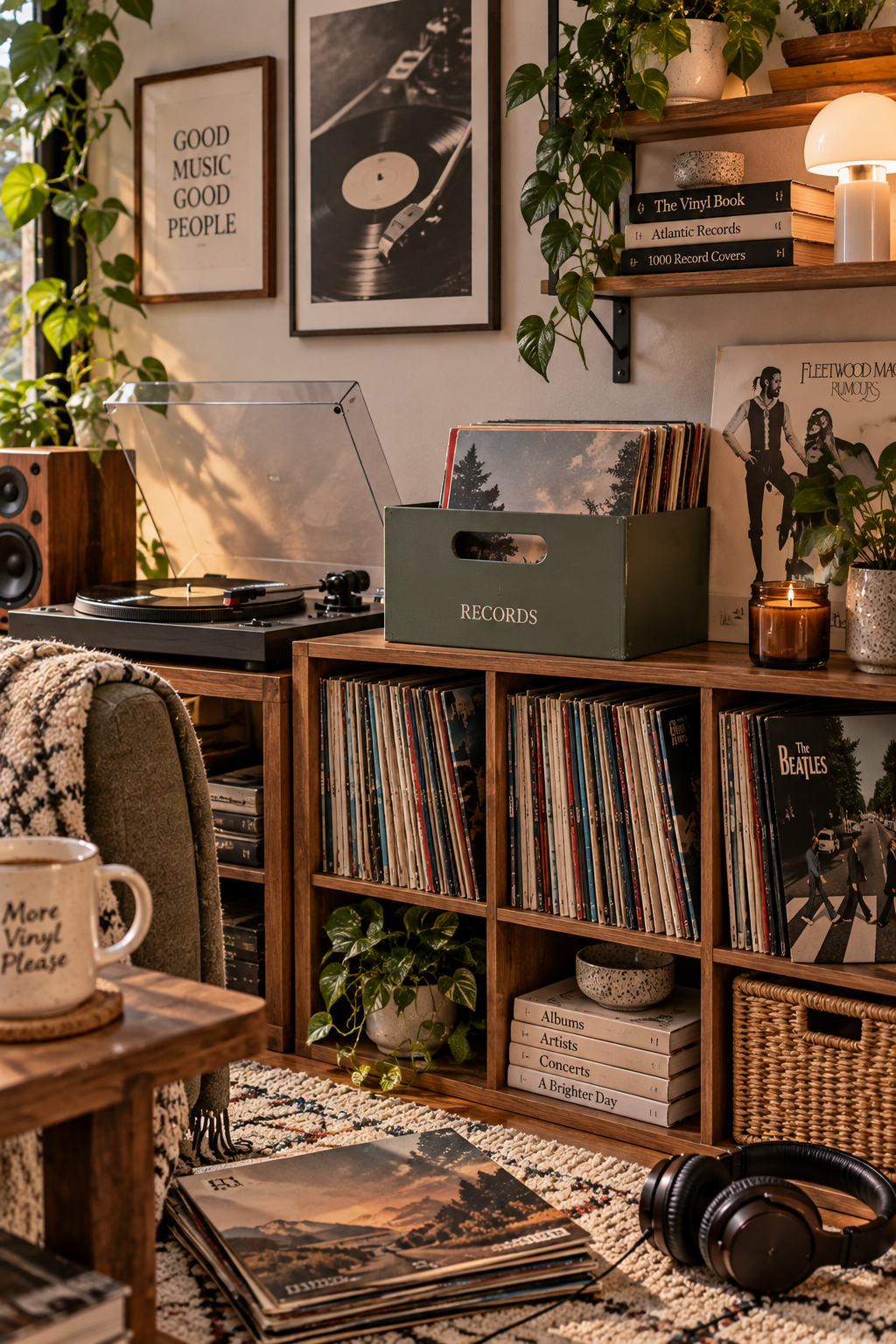 Warm stylish record listening corner with organized vinyl storage, displayed album covers, turntable, and wooden record furniture