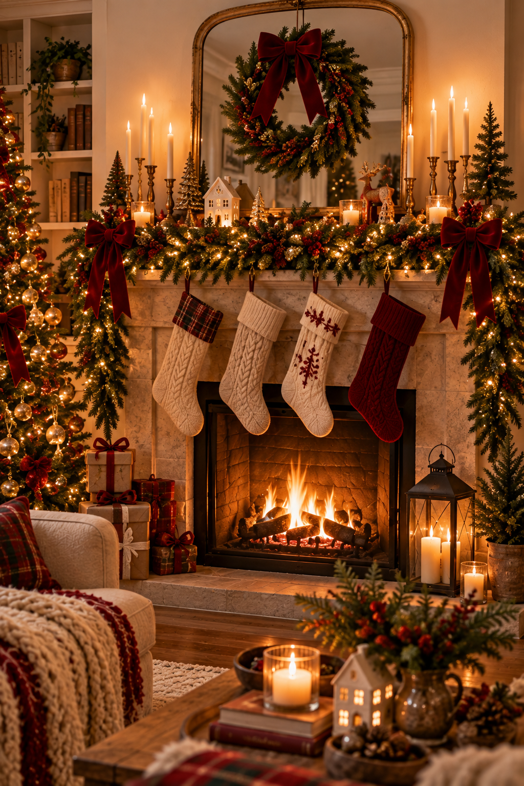 Cozy Christmas fireplace mantel with realistic greenery, stockings, vintage bells, candles, and warm lights