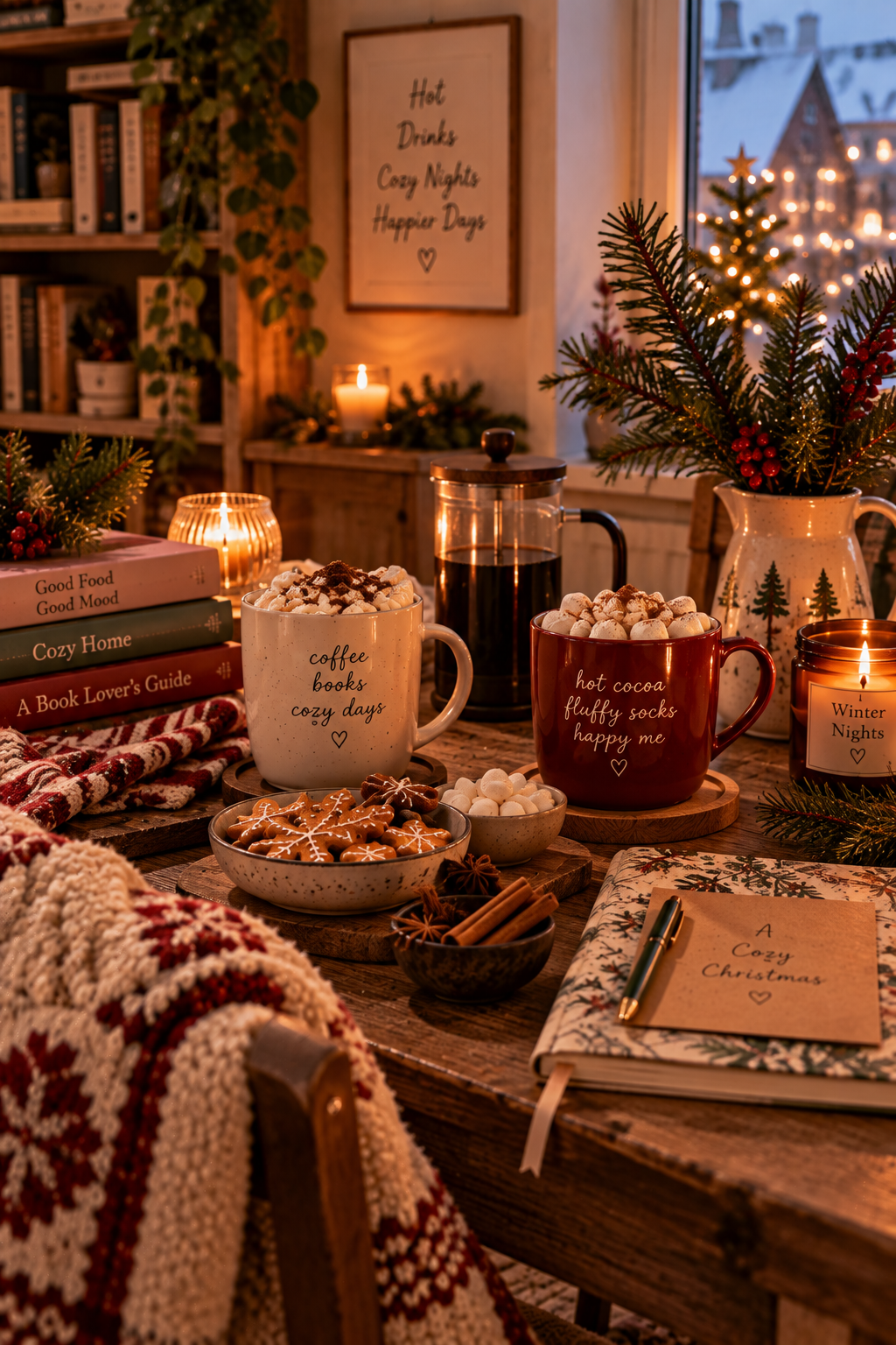 Warm Christmas evening at home with floral coffee mug, hot chocolate, candle warmer, mushroom lamp and soft ambient lighting